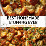 Golden Herbed stuffing in a baking dish with crispy bread cubes and fresh herbs.